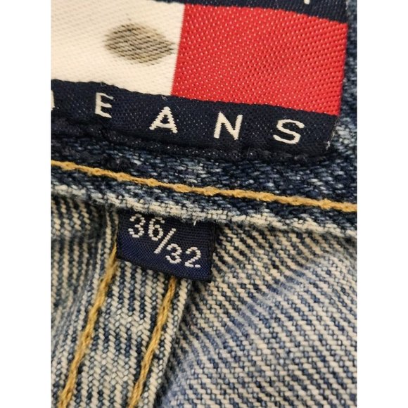 Vintage Tommy Hilfiger Jeans Mens 36x32 Blue Big Flag Straight Y2K Pants Baggy - Picture 11 of 12